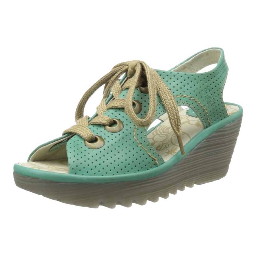 Fly London Yifa Teal Perforated Leather Wedge Sandals Size 37